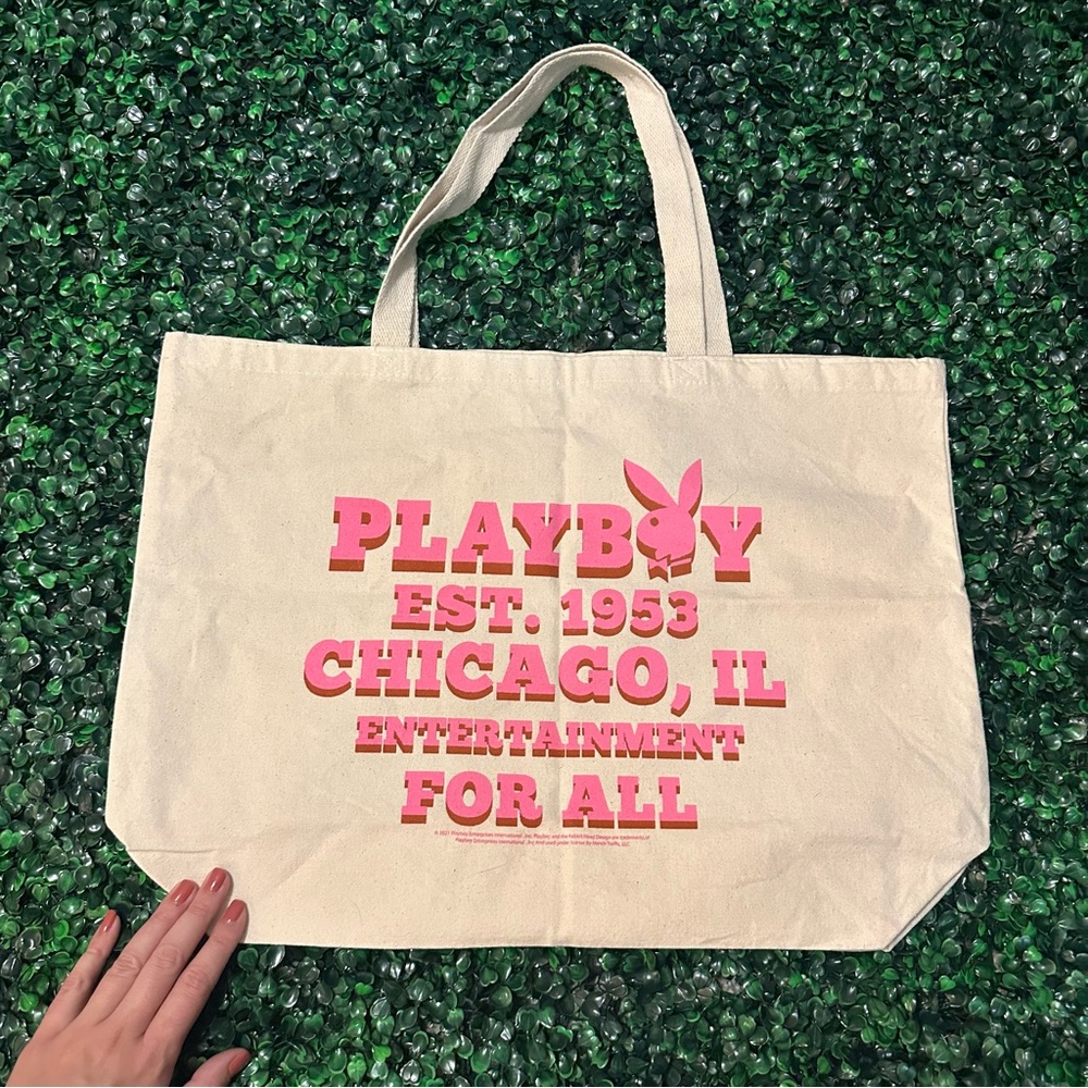 PLAYBOY Cream and Pink Canvas Tote Bag